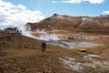 Hverarond hydrothermal site in Northern Island. People are at mirador or they follow walk passes between hot sources, fumaroles,